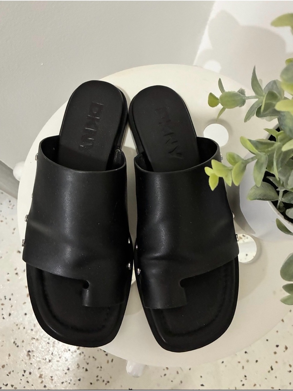 DKNYC Black Leather Slide Mules